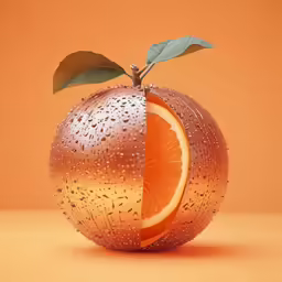 a sliced orange with water droplets and a leaf