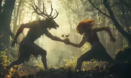 two young women fighting in the woods, with antelope and deer statues