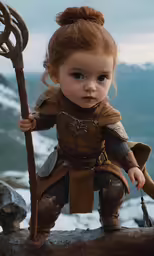 a little girl is holding a stick and posing for a photograph