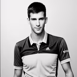 tennis player posing for a black and white photo