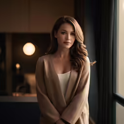 a woman posing next to a window and a glass