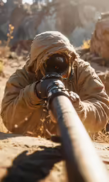 a man in a suit is shooting at something with a large pipe