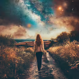 a woman walks alone on a trail under a sky full of stars,a person walking down a dirt road under a sky full of stars
