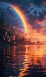 a sunset with rocks and an ocean and a rainbow in the background