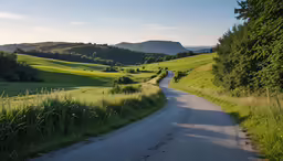 a street going down a hill side surrounded by green fields