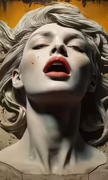 a woman is sitting in front of an art piece
