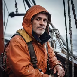 an older man with backpacks sitting in a boat