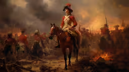 a painting shows a man dressed as a soldier on horseback in front of a fire,a painting of military men on horseback in the desert