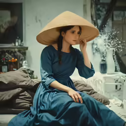 a woman is sitting on her bed in a blue dress and a large floppy hat