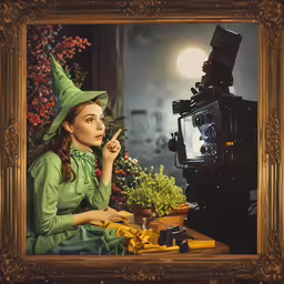 a painting of a woman dressed as a wizard holding a finger up to her nose