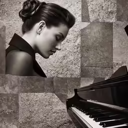a woman is playing the piano and posing for a photo