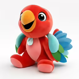 the red stuffed bird is with the blue wings