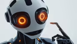 a robot with red eyes and yellow lights holding a tool