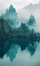 water reflects mountains and trees in a foggy landscape