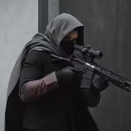 a man with a gun in hand standing outside