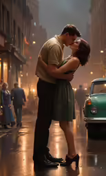 man and woman kissing on a city street