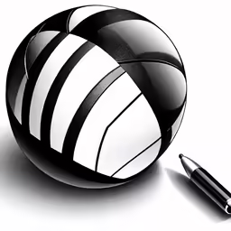 an artistic black and white rendering of a ball with a pen