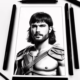 a black and white picture of a man with long hair and no shirt in a uniform with three markers nearby