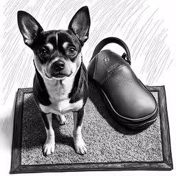 small dog sitting on rug next to shoe, pencil drawing