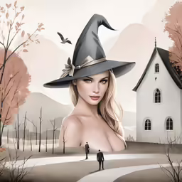 there is a nude girl with a black witch hat