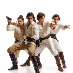 some actors in star wars costumes pointing their weapons