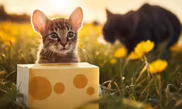 a kitten peeking out of its box in the grass