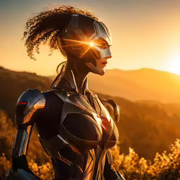woman with sci - fil armor, outdoors in mountains