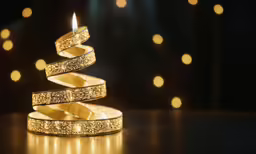 a lit candle burning in the dark in front of many gold lights