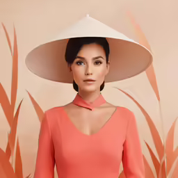the model is wearing an orange top with a hat on her head