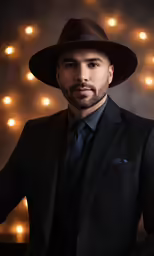 a man in a dark suit and hat posing