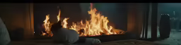 a person in white sitting in front of a fireplace