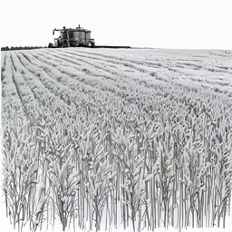 a tractor sits parked in the middle of a large snowy field