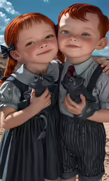 two red - haired twin dolls are hugging each other on the beach