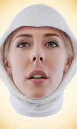 a woman wearing a white scarf with her eyes open