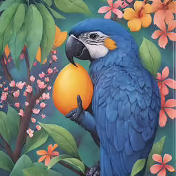 a large blue bird with yellow beak holding an orange