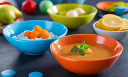 the bowls have various colored dishes on them