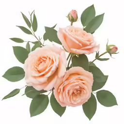 three pink roses with green leaves sit on a white background