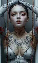 an oil painting of a woman tied to strings