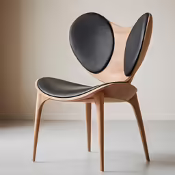a wooden chair with black leather seat on a concrete floor