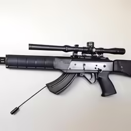 an akm - 47 carbine and rifle mounted to a wall