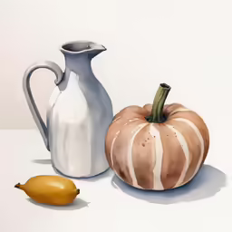 a yellow lemon and a striped painted pumpkin next to an empty pitcher