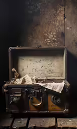 an old fashioned suitcase with paper and papers in it