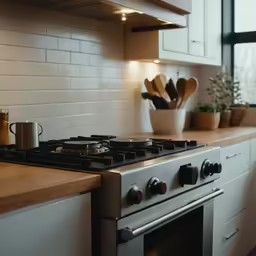 a kitchen that has white counters and silver stove