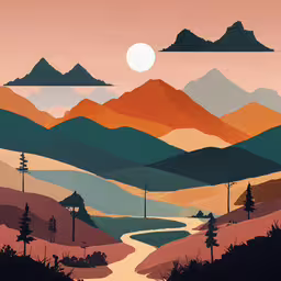 a painting shows a hilly mountain range with trees and a river,an orange, green, blue, and brown mountain landscape
