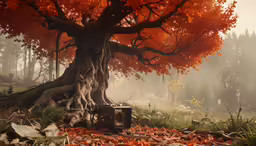 an old radio under a tree in the fog