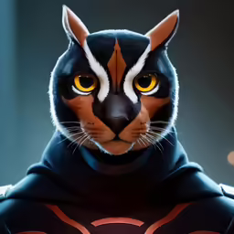 a black cat with yellow eyes and orange, white and black markings
