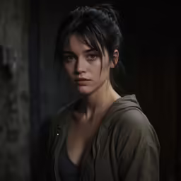 a woman with a green jacket and black hair