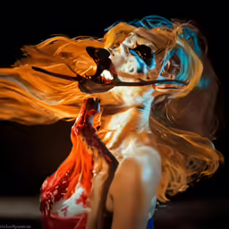 a woman holding scissors in her hands while wearing blood