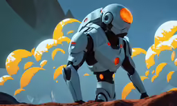 the giant robot looks at the ground to be ready to walk
