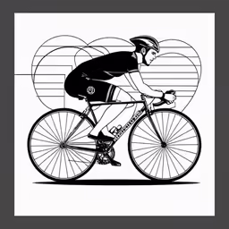 the black and white drawing shows a man riding a bicycle